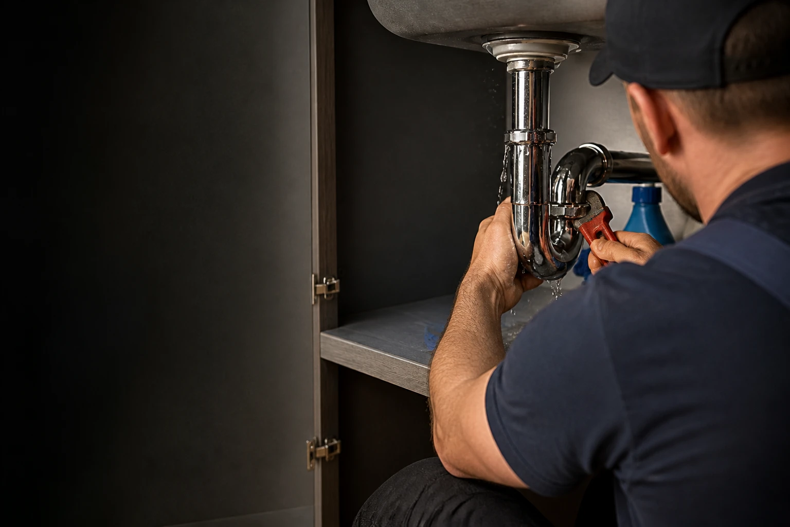 Plumber with pipe wrench ready to fix